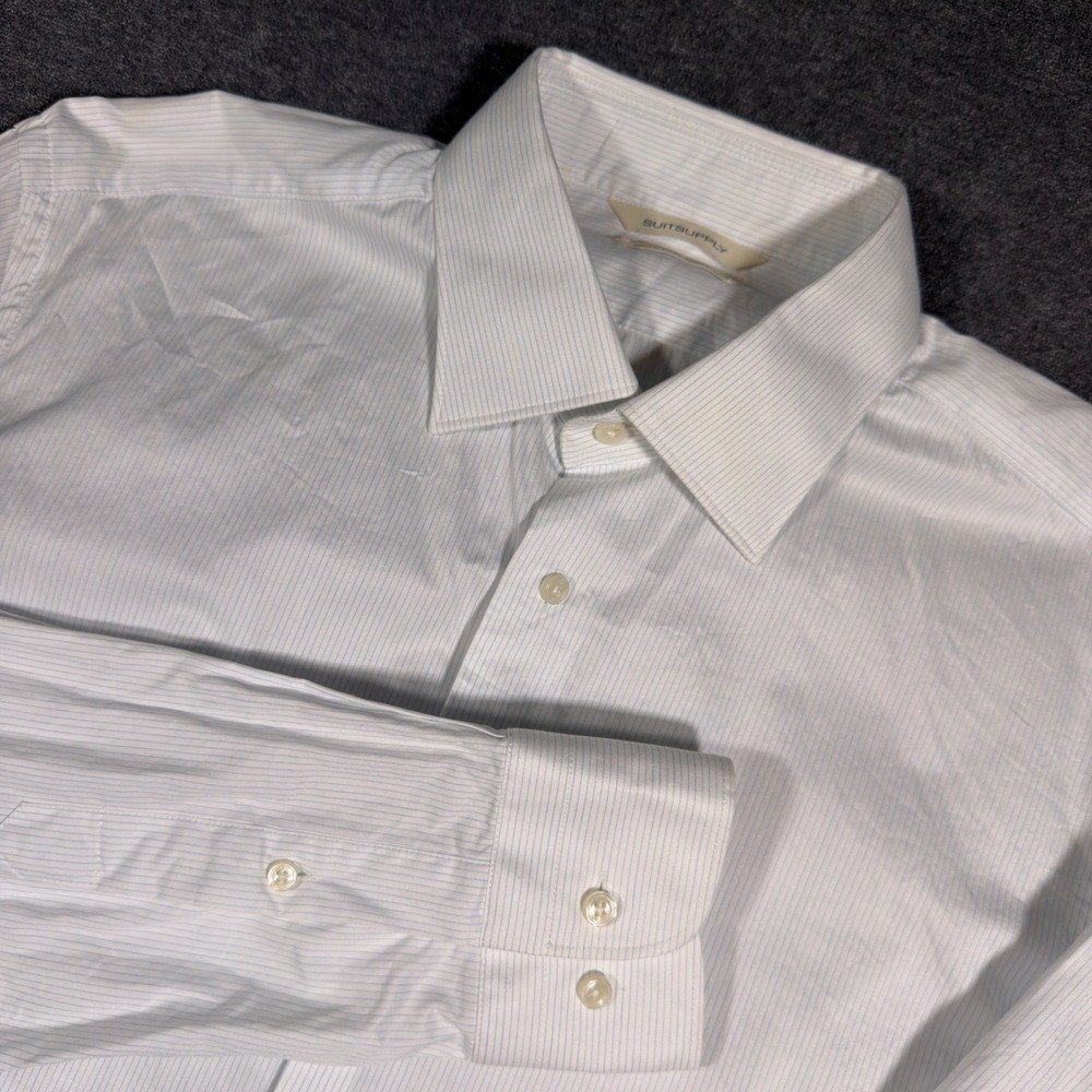 Suitsupply Button Up Shirt Mens 16L White Blue Pinstripe Egyptian Cotton Preppy